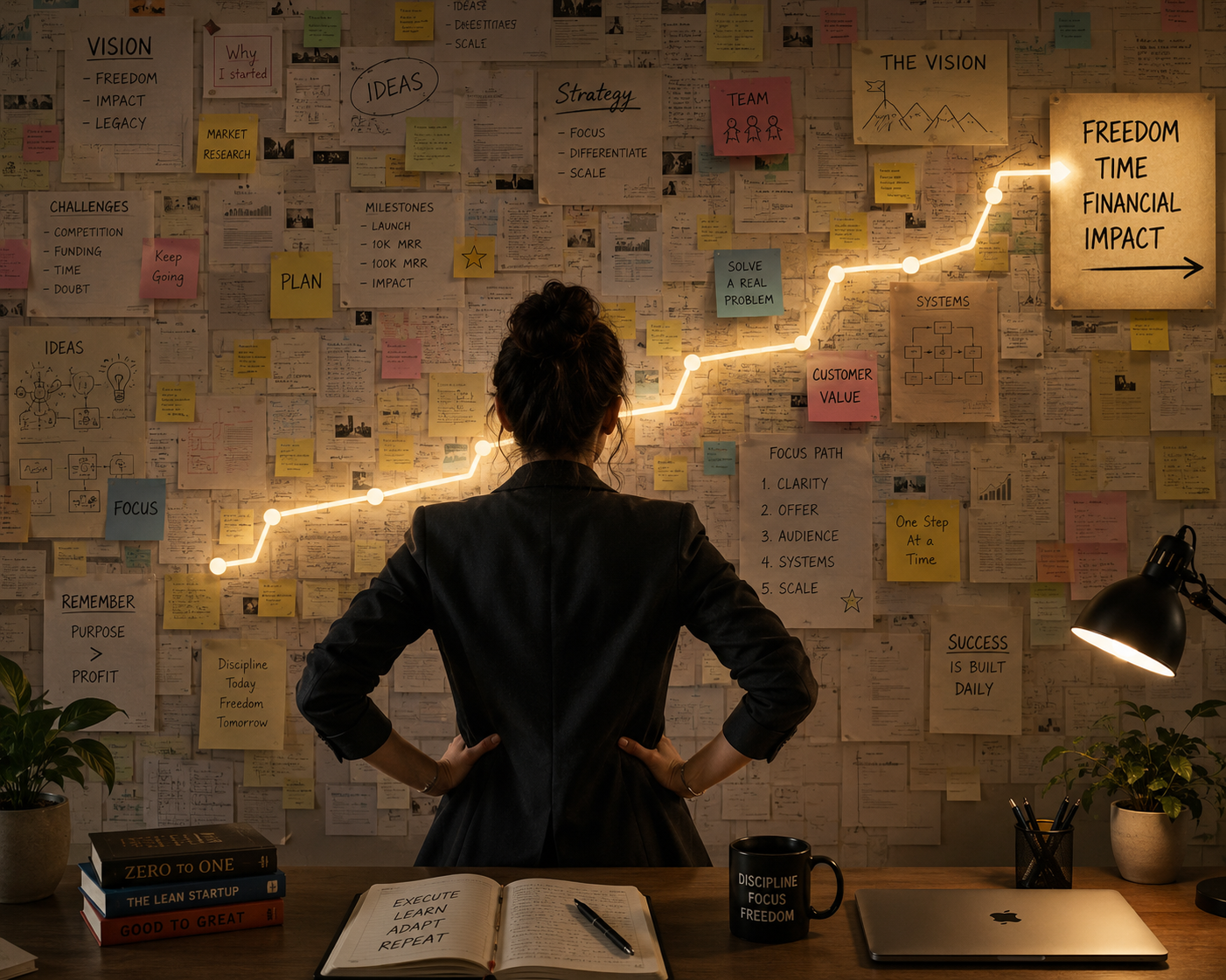 Entrepreneur facing a wall of ideas, notes, and plans — finding clarity amid overwhelm