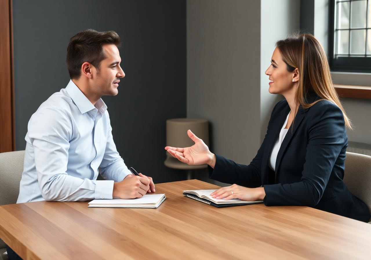 Professional 1-on-1 business strategy session at a wooden table