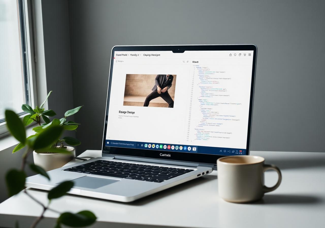 Modern workspace with a laptop showing a website in development